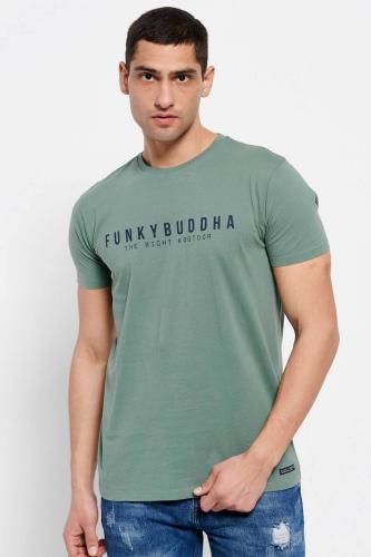 Funky Buddha ανδρικό βαμβακερό T-shirt μονόχρωμο με logo print και patch μπροστά - FBM007-329-04 Λαδί